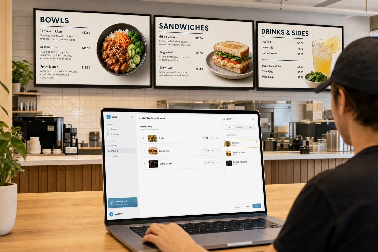 Restaurant operator managing three coordinated digital menu boards from a laptop