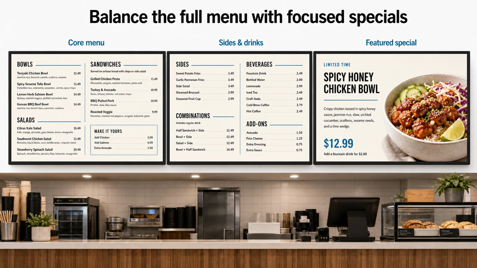 Three coordinated restaurant menu screens using two displays for the complete everyday menu and one display for a focused limited-time special