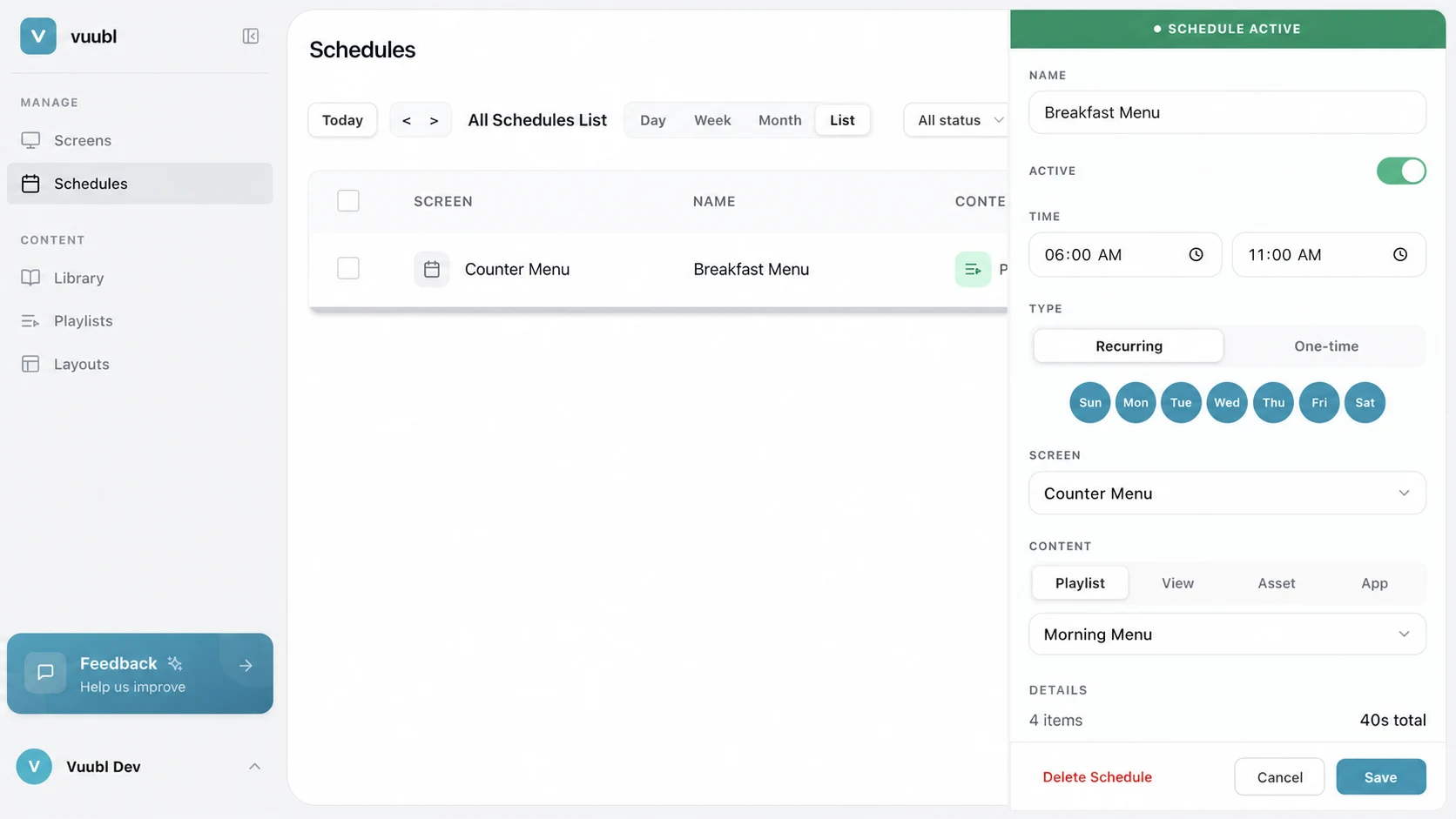 Vuubl schedule configured to show a café breakfast menu from 6 AM to 11 AM