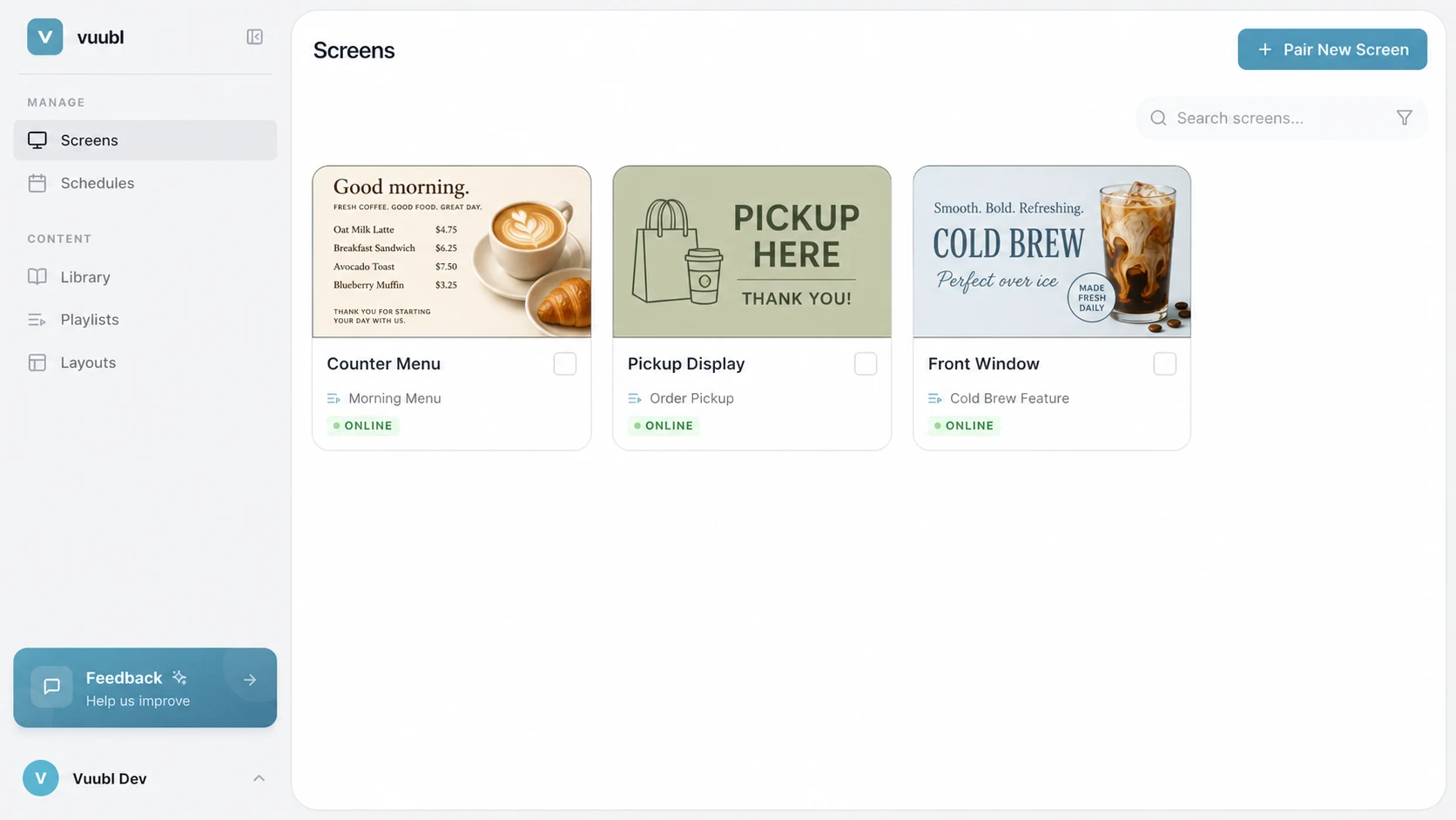 Vuubl dashboard managing a café counter menu, pickup display, and front window screen