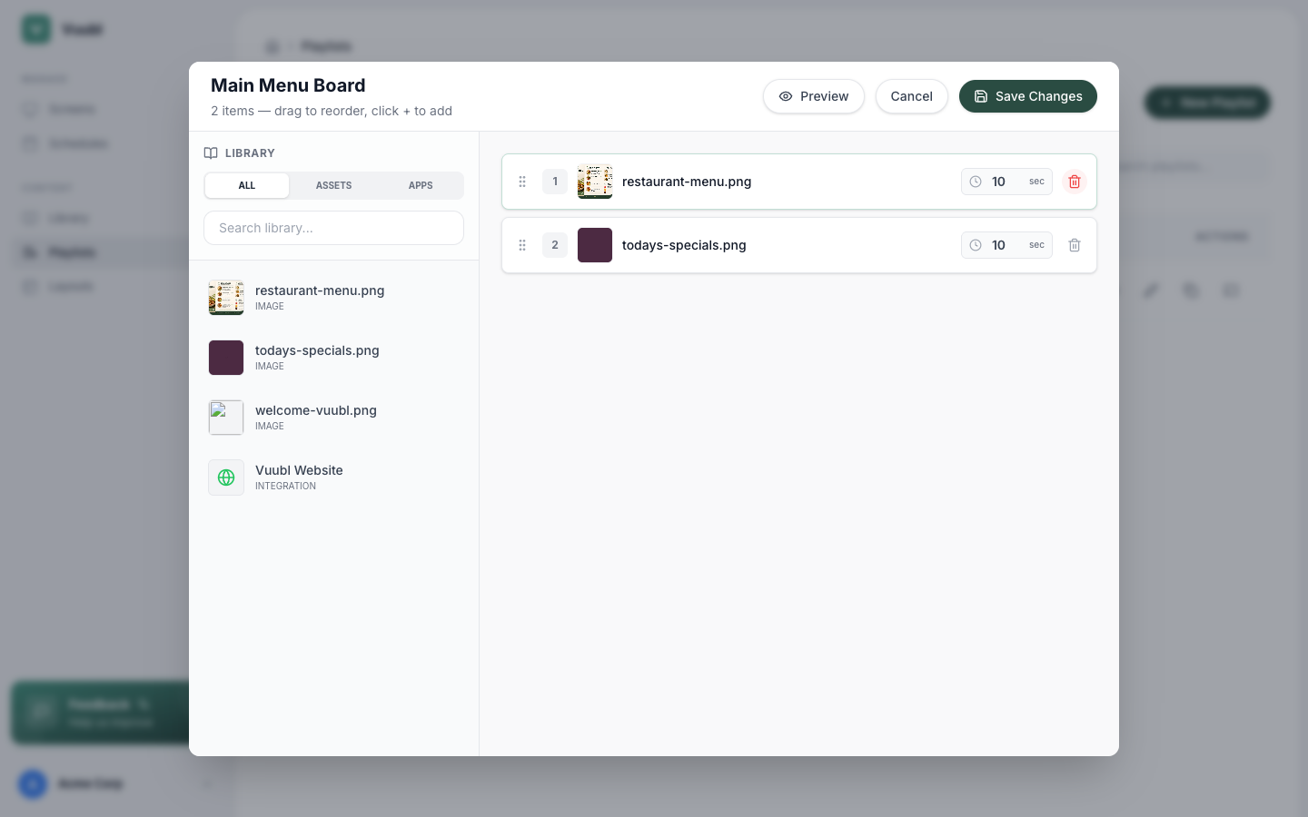 Playlist Editor showing multiple content items arranged in order with duration settings