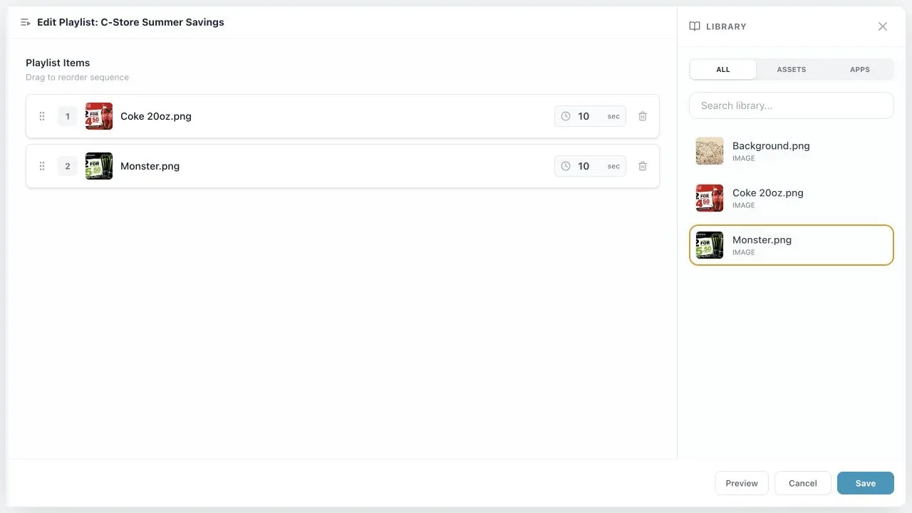 Vuubl playlist editor showing the C-Store Summer Savings campaign with Coca-Cola and Monster promotional assets