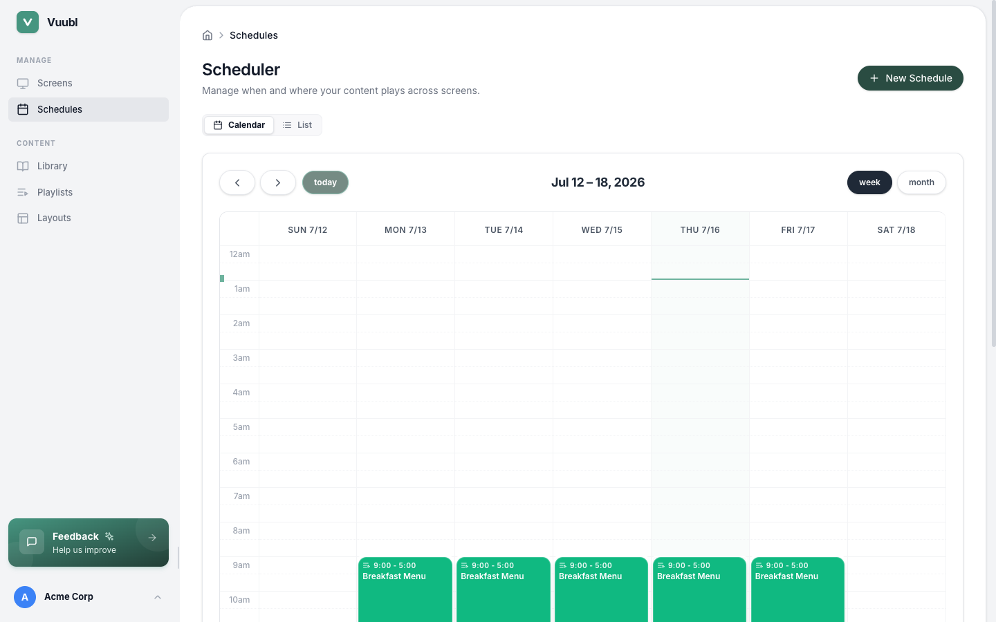 Schedule configuration page showing time blocks assigned to different playlists throughout the day