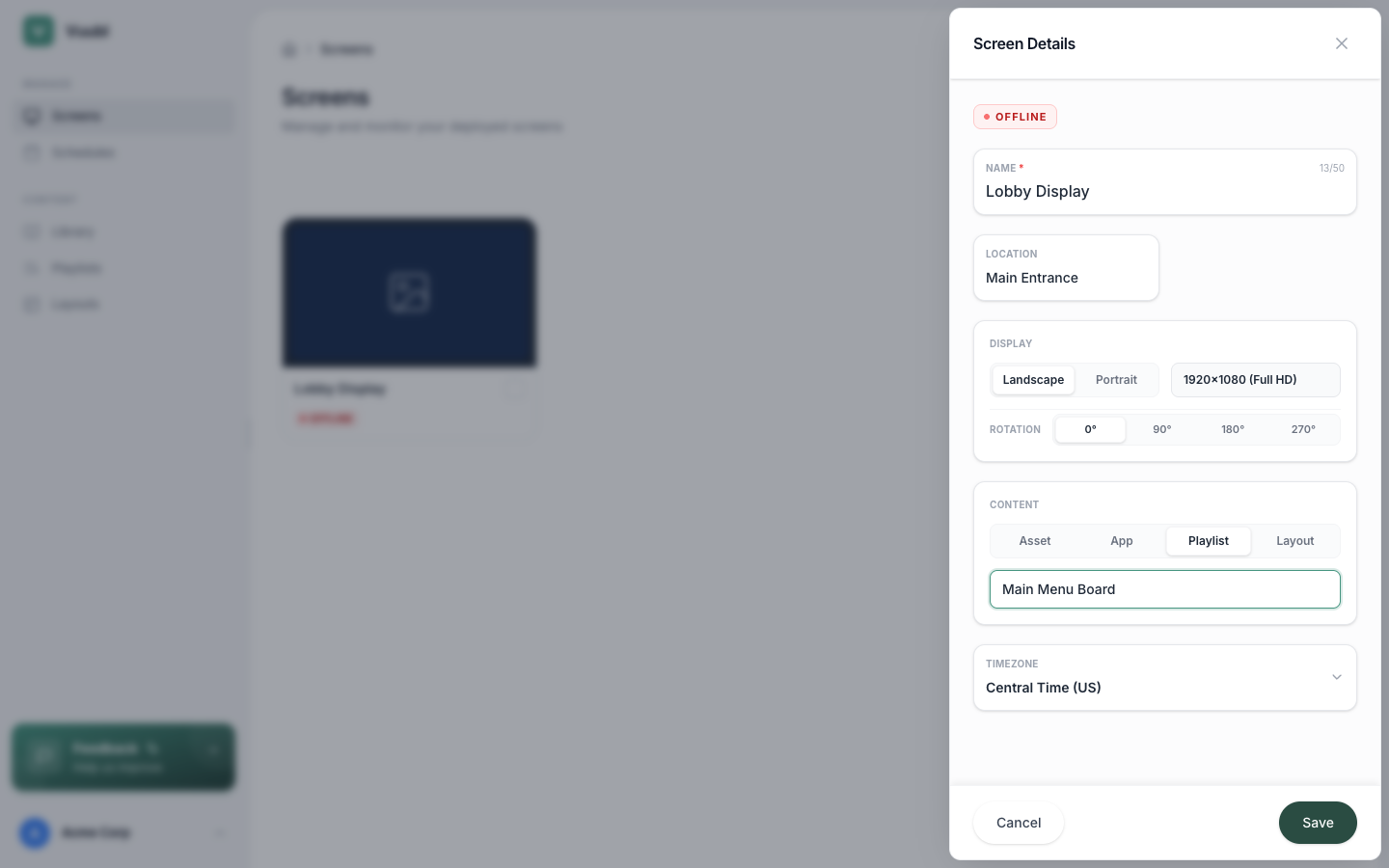 Screen settings page showing the content assignment dropdown with a playlist selected