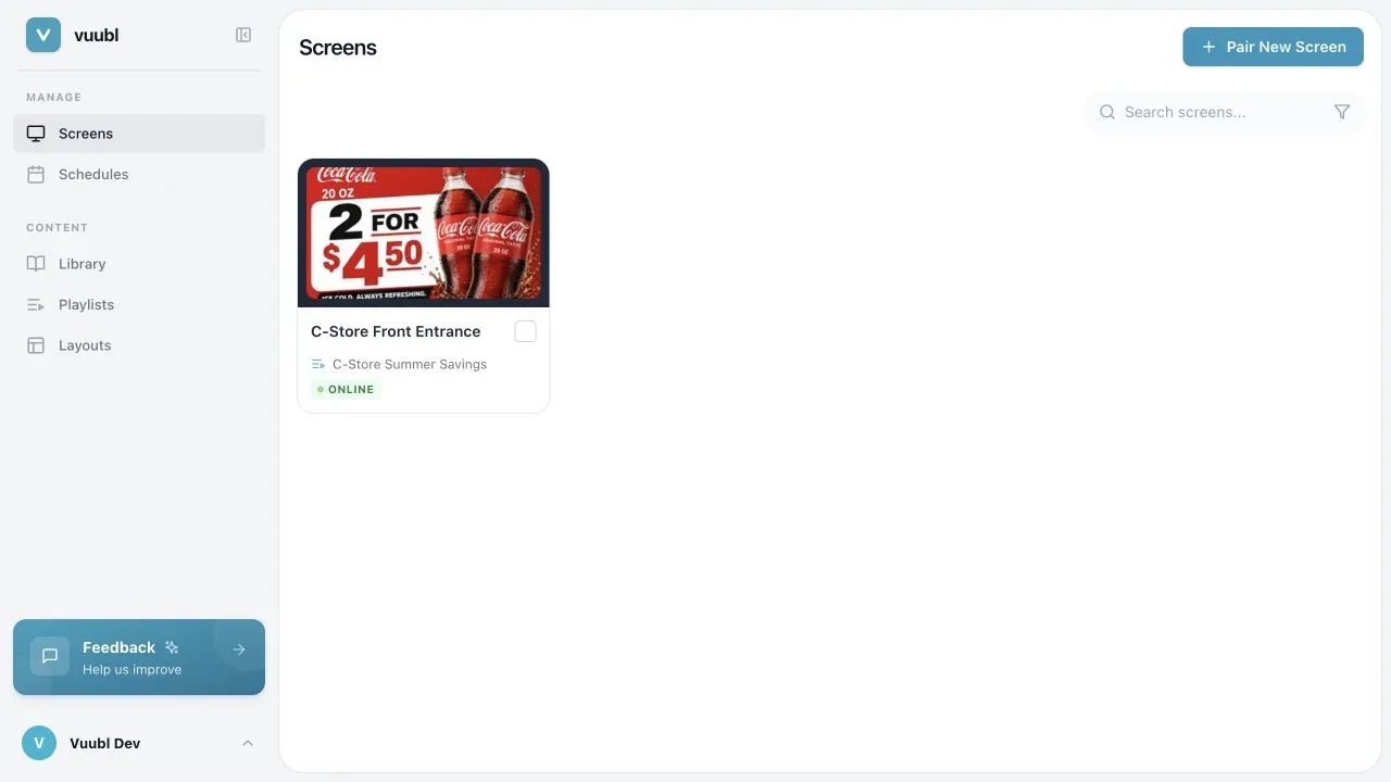 Vuubl Screens dashboard showing a C-Store Front Entrance display with the C-Store Summer Savings playlist online