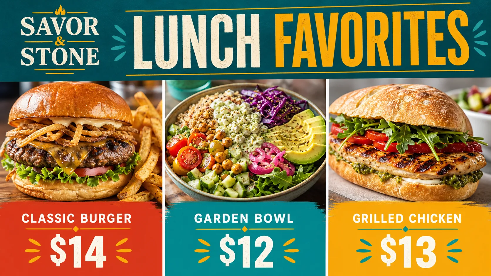 Savor and Stone lunch favorites digital menu board