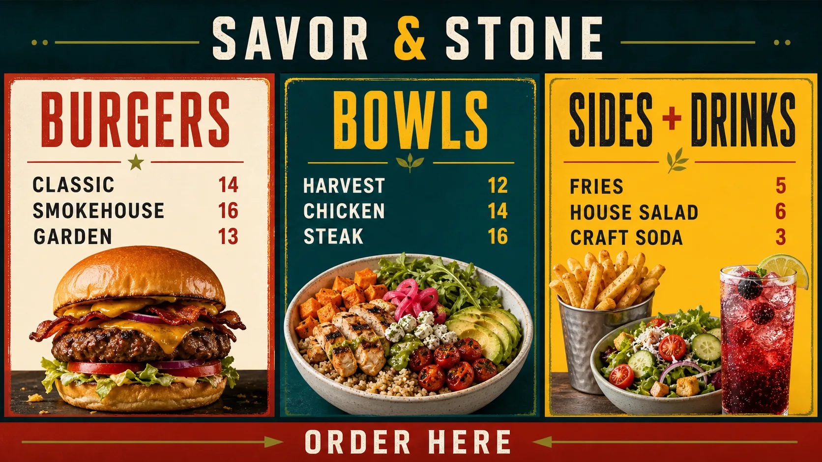 Savor and Stone three-section restaurant digital menu board